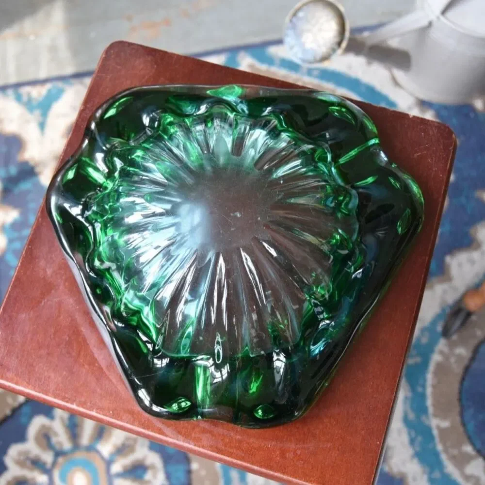 Vintage MCM Emerald Green Art Glass Ashtray Bowl Freeform 9” Heavy 3.3 lb